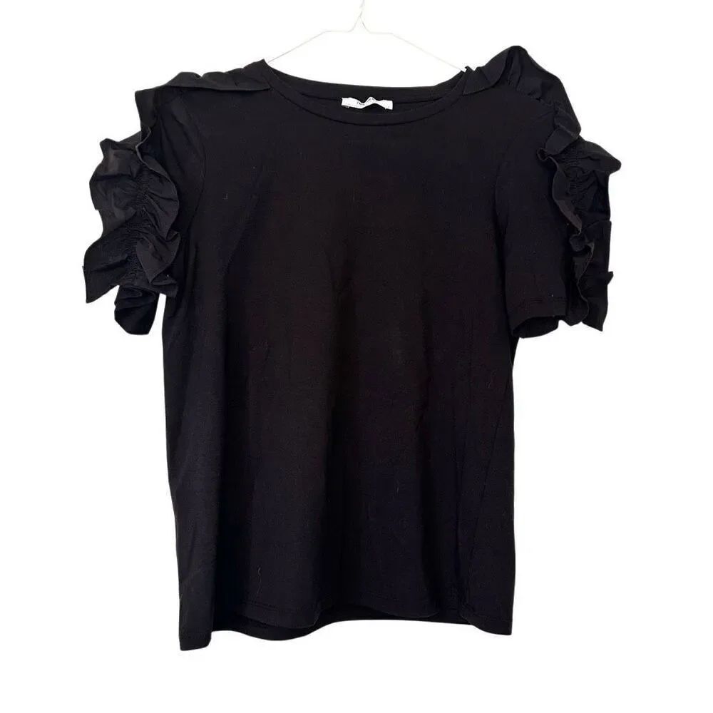 Zara Trafaluc CrewโNeck Ruffled Shoulder Short Sleeve Top Black Small